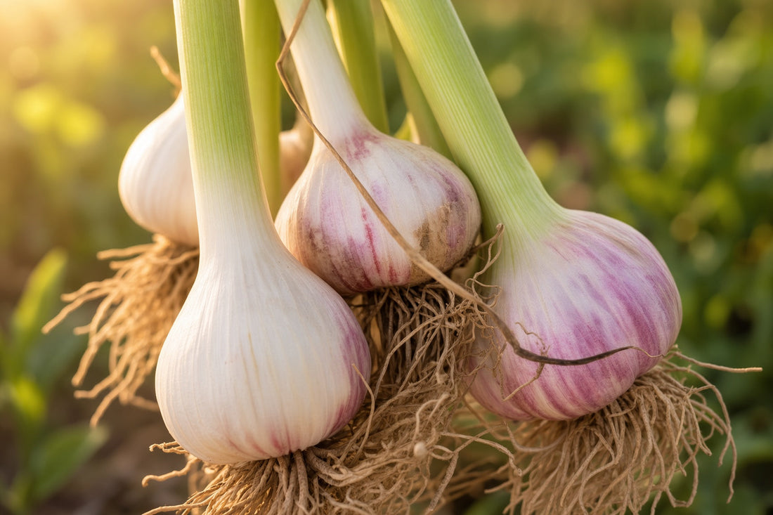 Freshly harvested Purple Stripe garlic bulbs with purple-streaked wrappers, green stalks, and roots in the garden