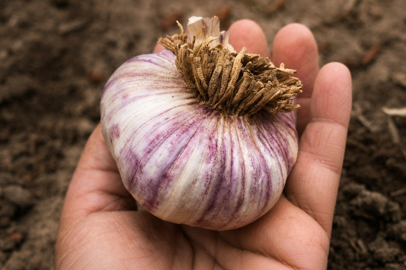 Large organic garlic bulb resting in a gardener's hand, showcasing healthy purple-striped wrappers before fall planting.