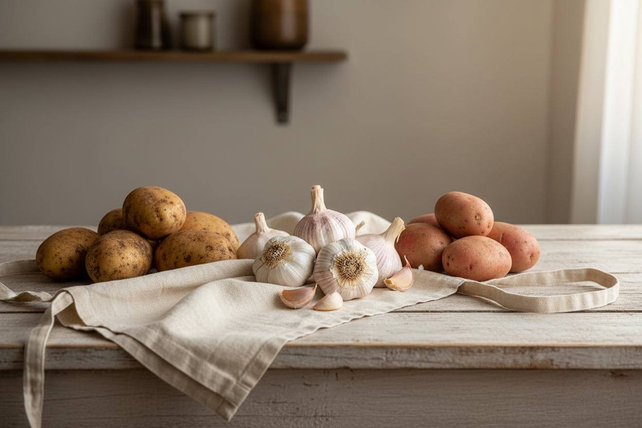 ik menu garlic, potatoes, te apron de related image create karke do, full width 4k banner